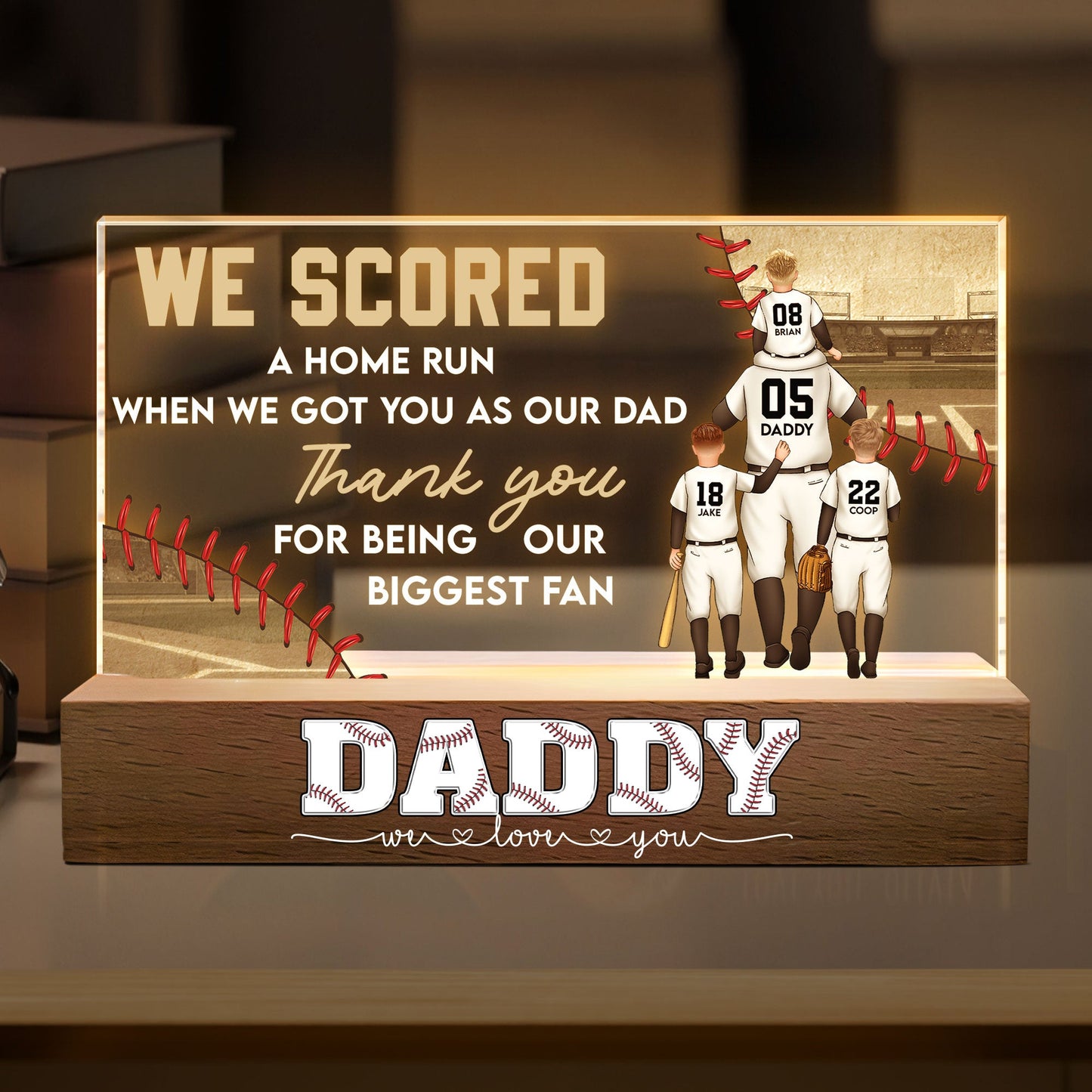 Personalized baseball dad led night light acrylic lamp custom printed with jersey names for Father's Day gift