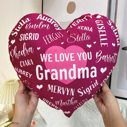 Personalized 'We Love You Grandma' Heart Pillow - Custom Grandchildren Names