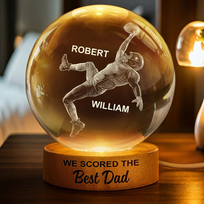 Personalized football crystal globe lamp with engraved names for Dad on illuminated wooden base