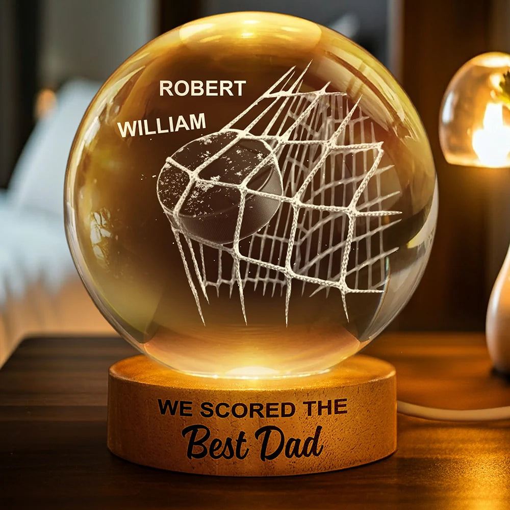Personalized Hockey Dad Crystal Lamp for Dad with personalized design details for meaningful gifting