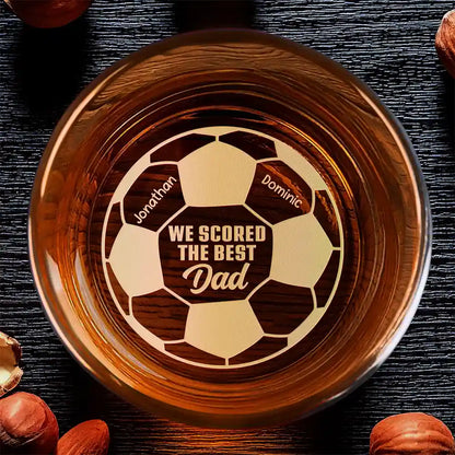 Personalized soccer dad whiskey glass engraved with custom kids names on a football design, unique gift for fathers