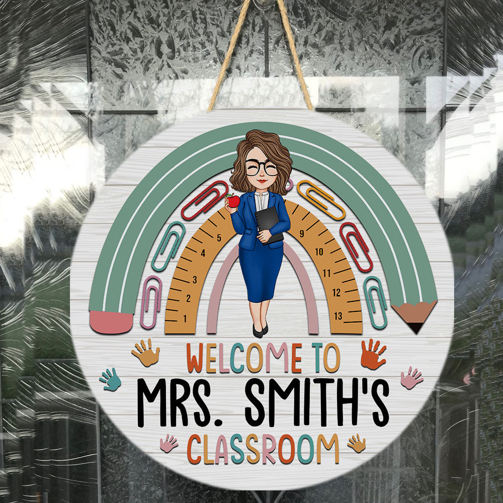 Welcome To Teacher Classroom - Personalized Round Wood Sign