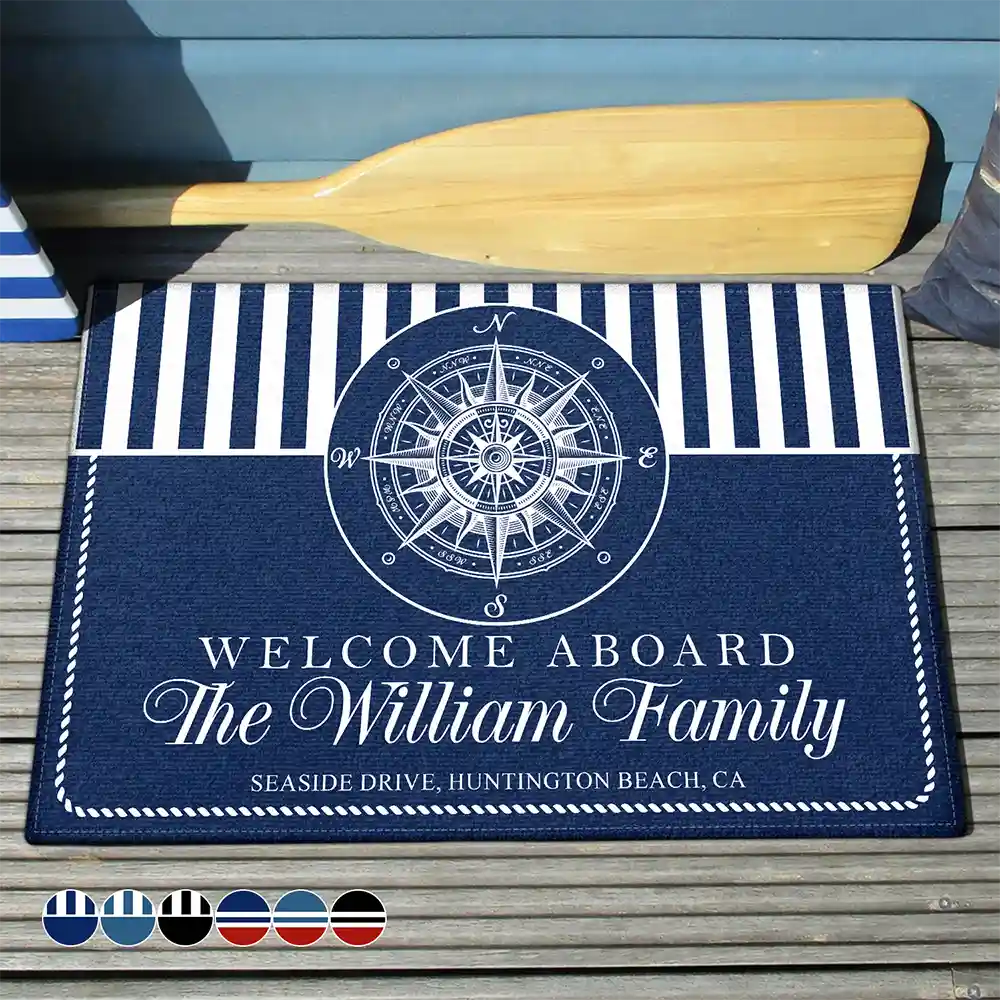 Personalized beach house doormat with custom family name and nautical compass design