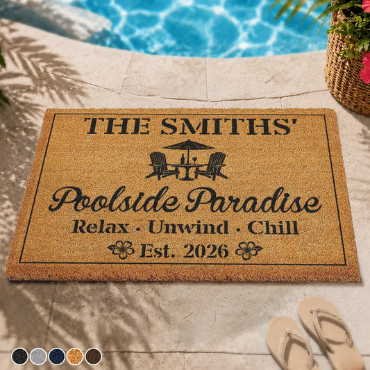 Personalized poolside paradise doormat made of natural coconut coir for summer family patio decor