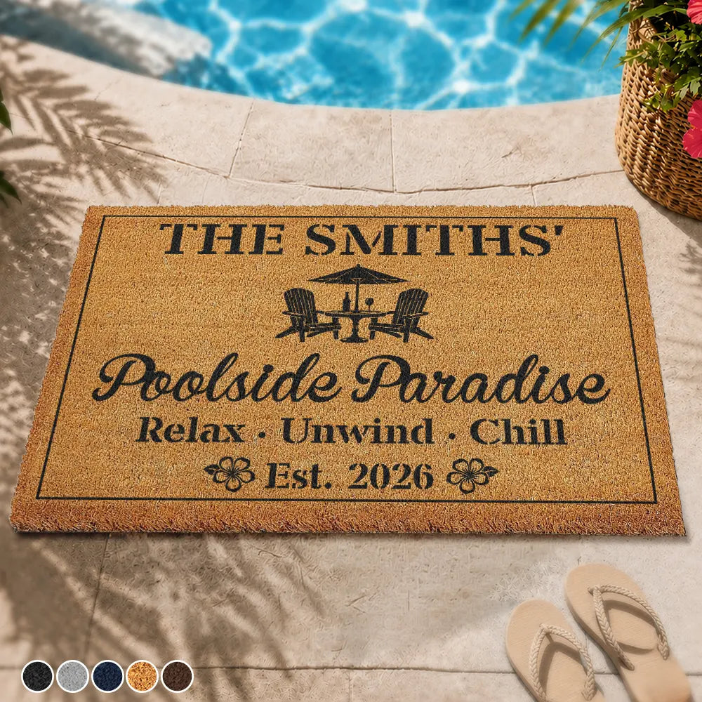 Personalized poolside paradise doormat made of natural coconut coir for summer family patio decor