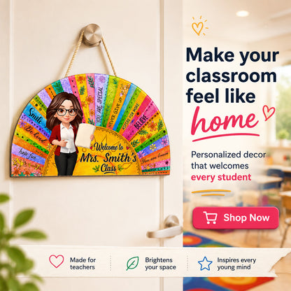 Personalized teacher door sign featuring a colorful boho sun and custom name - perfect classroom welcome hanger image 8
