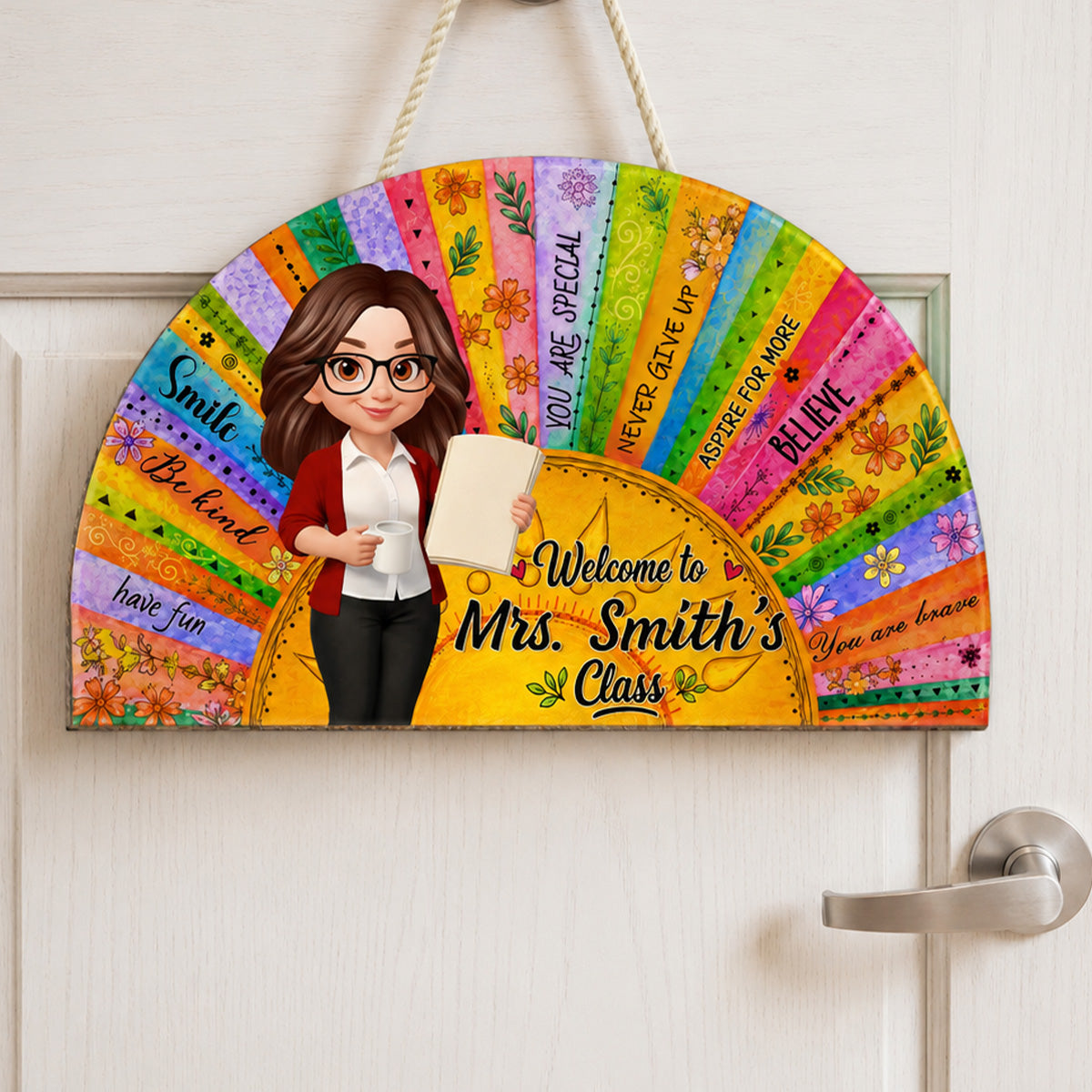 Personalized teacher door sign featuring a colorful boho sun and custom name - perfect classroom welcome hanger