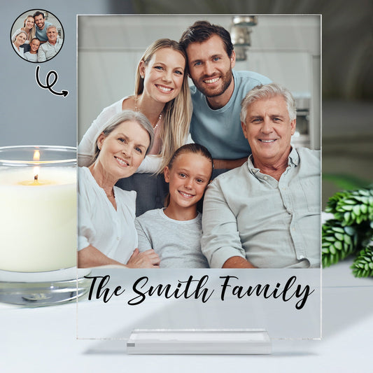 Custom photo acrylic plaque featuring a personalized family portrait with clear stand gift