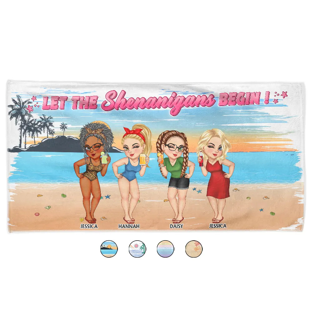 Personalized 'Shenanigans Begin' Beach Towel for Girls Trips & Best Friends