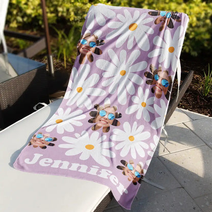 Custom Face Retro Daisy Personalized Beach Towel - Funny Summer Gift
