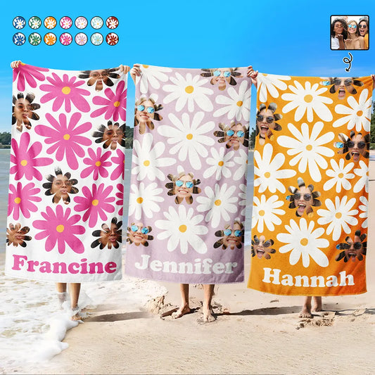 Custom Face Retro Daisy Personalized Beach Towel - Funny Summer Gift