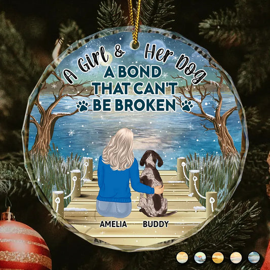 Personalized Girl & Dog "A Bond That Can't Be Broken" Glass Ornament