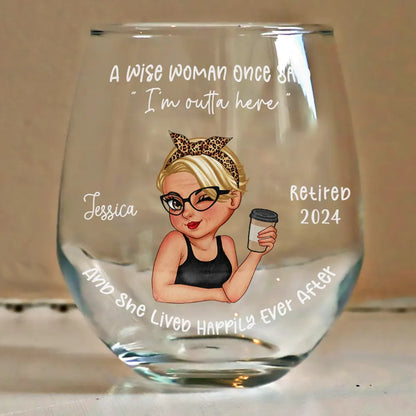 Retirement,Gift For Women,Happy - Retired Turban Woman And She Lived Happily Ever After - Personalized Stemless Wine Glass