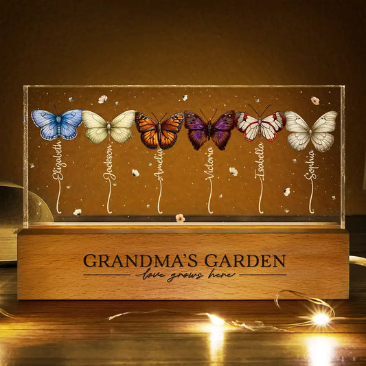 Happy,Gift For Grandma,Gift For Mother,Gift For Wife - Grandma's Garden Birth Butterflies - Personalized Rectangle LED Light