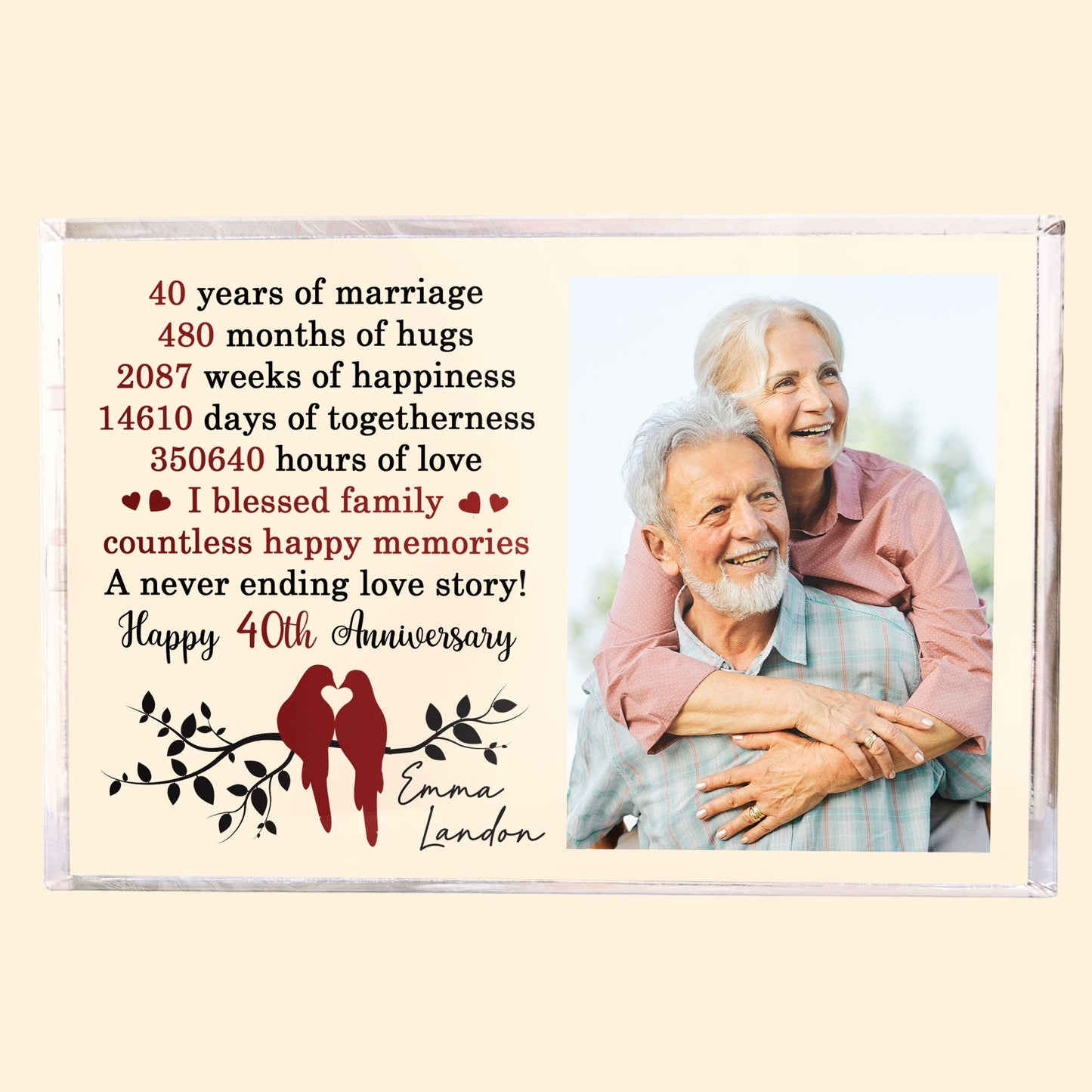 Personalized wedding anniversary acrylic plaque with custom photo and years of marriage countdown text for couples