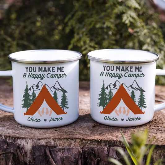 Custom 'Happy Camper' Enamel Mugs for Couples - Personalized Camping Gift