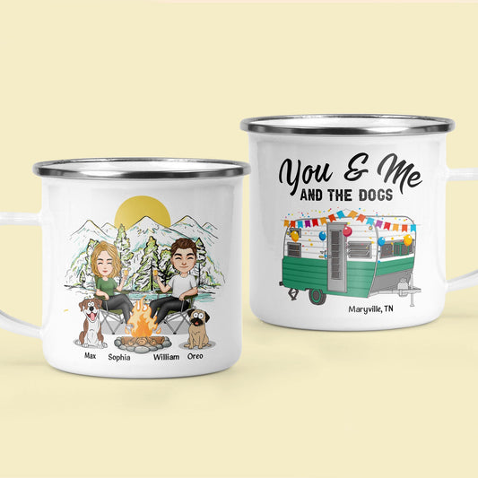 Personalized 'You & Me & The Dogs' Camping Enamel Mug for Couples