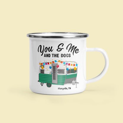Personalized 'You & Me & The Dogs' Camping Enamel Mug for Couples