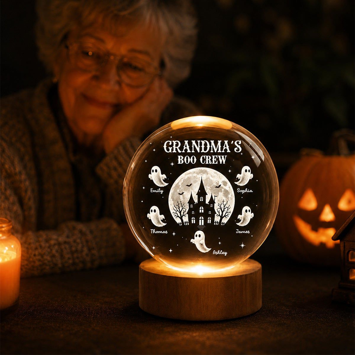 Personalized grandma night light featuring custom ghost names around a haunted house crystal ball decoration image 7