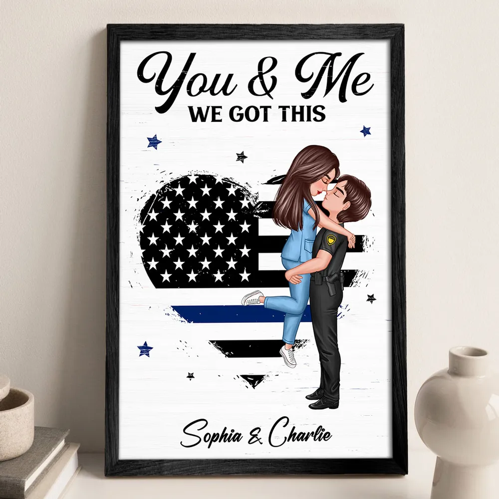 Personalized Couple Portrait Canvas / Poster - Firefighter, Nurse, Police or Military Gift for 4th of July