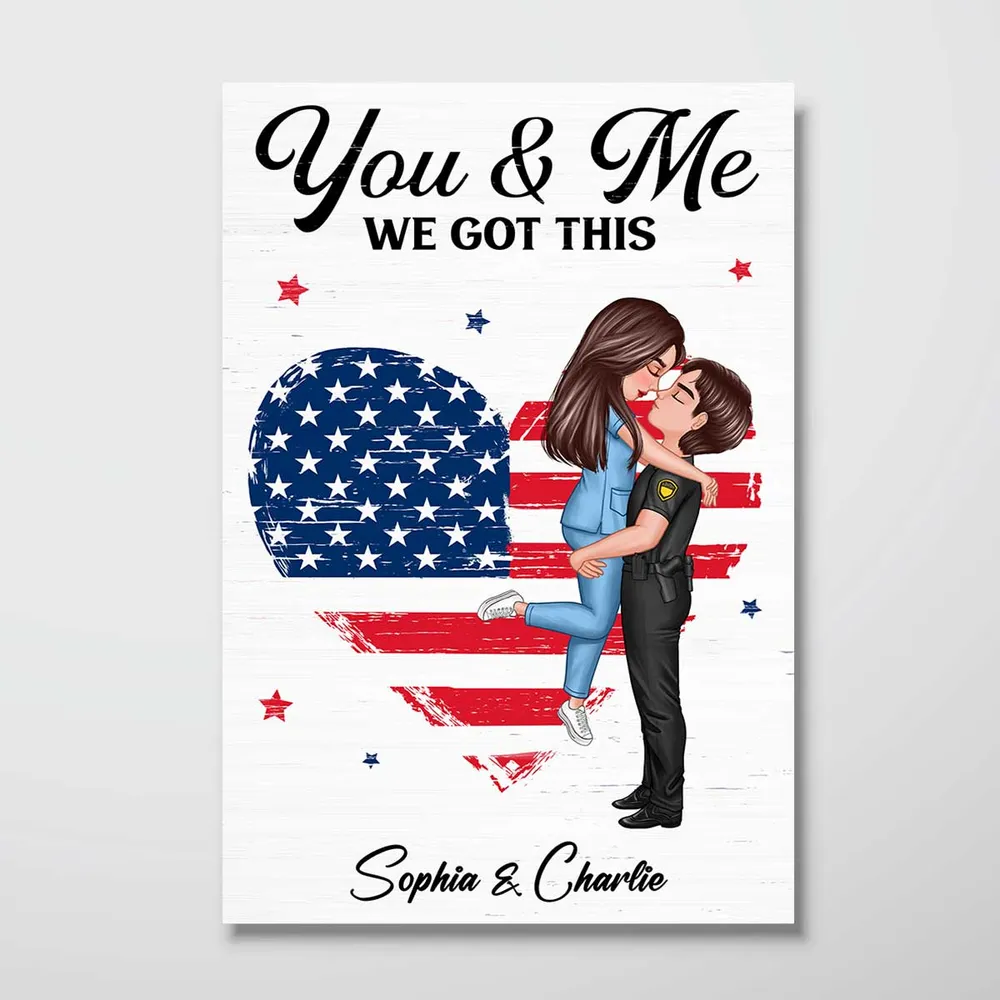 Personalized Couple Portrait Canvas / Poster - Firefighter, Nurse, Police or Military Gift for 4th of July