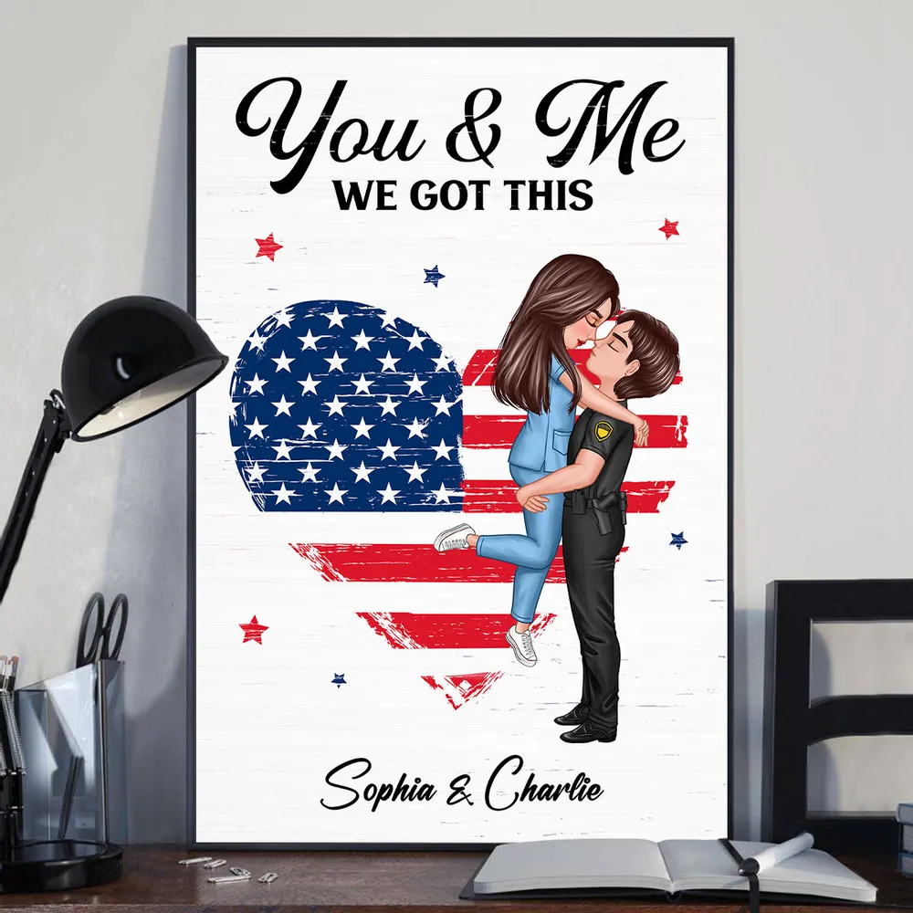 Personalized Couple Portrait Canvas / Poster - Firefighter, Nurse, Police or Military Gift for 4th of July