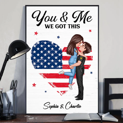 Personalized Couple Portrait Canvas / Poster - Firefighter, Nurse, Police or Military Gift for 4th of July