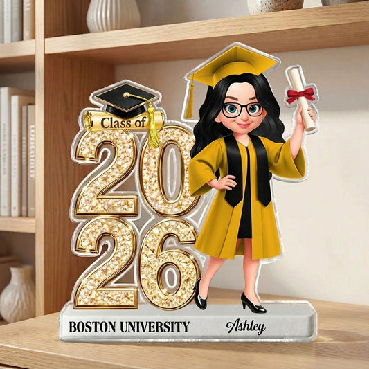 Personalized graduation gift acrylic plaque featuring a custom Class of 2026 senior character with school name