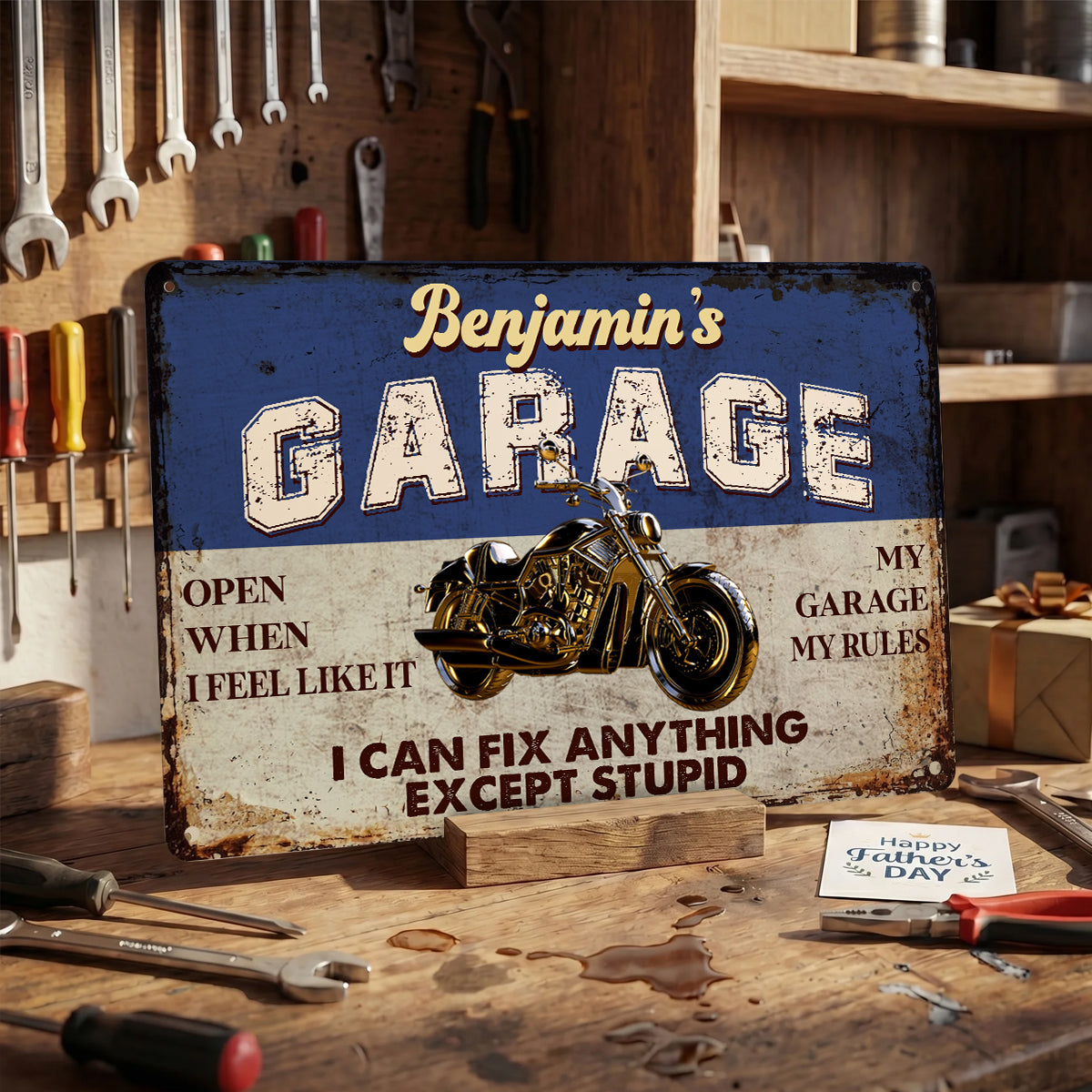 Personalized garage metal sign with vintage car and 'I Can Fix Anything Except Stupid' text for Dad's workshop decor. image 6