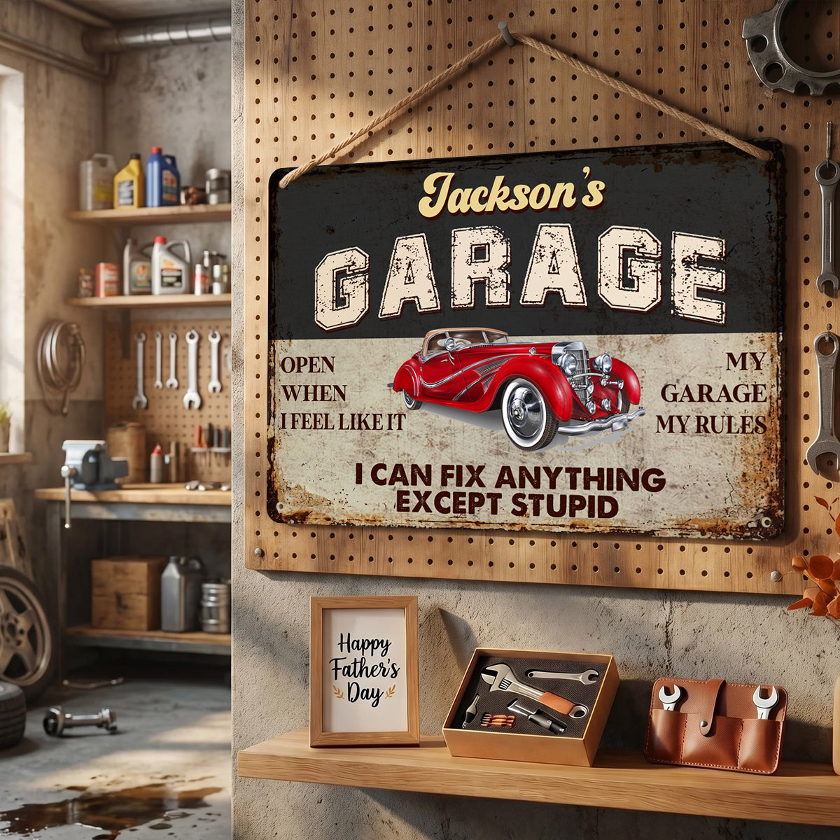 Personalized garage metal sign with vintage car and 'I Can Fix Anything Except Stupid' text for Dad's workshop decor. image 7