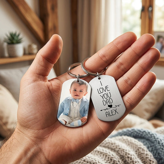 Personalized dad photo keychain with custom baby picture and I Love You Daddy engraving