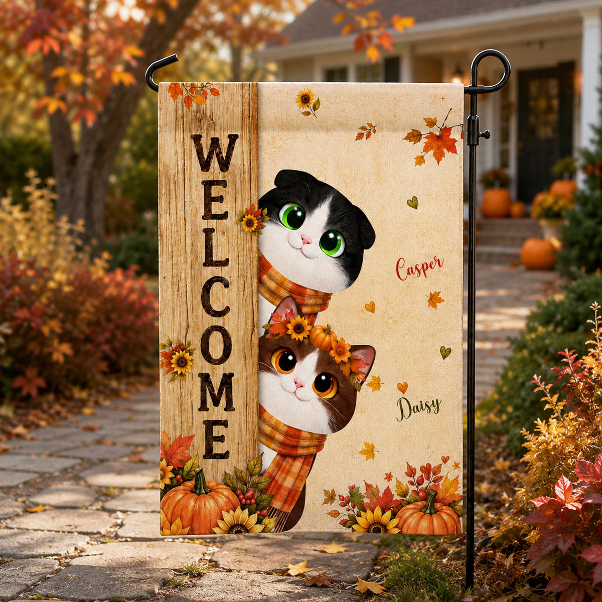 Welcome Cozy Fall Peeking Cats Personalized Garden Flag - Custom Cat Lovers Autumn Yard Decor