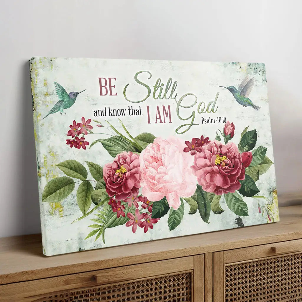 Christian wall art featuring Psalm 46:10, Be Still and Know That I Am God, with vintage flowers and a hummingbird, perfect faith-based decor.