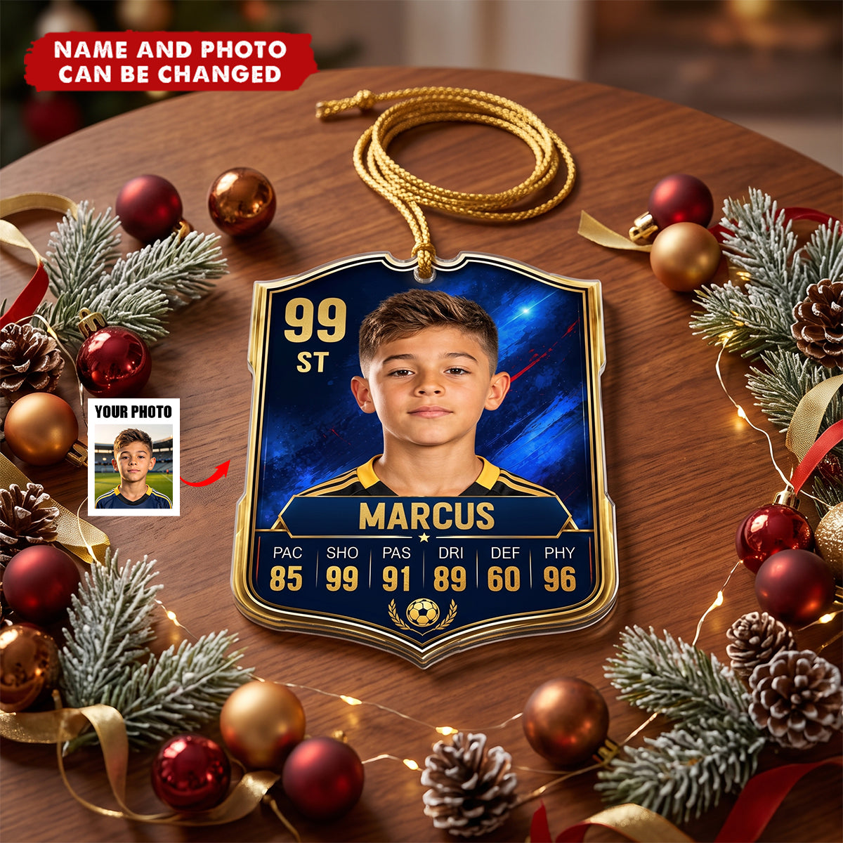Soccer Card Custom Photo & Stats – Personalized Acrylic Ornament for Son, Christmas Gift