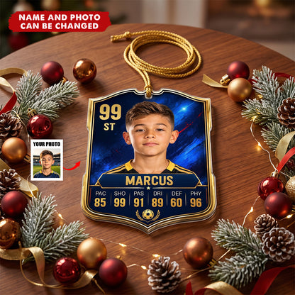 Soccer Card Custom Photo & Stats – Personalized Acrylic Ornament for Son, Christmas Gift