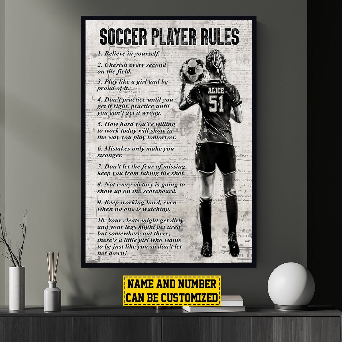 “Soccer Player Rules” Personalized Girl Poster / Canvas - Custom Gift for Soccer Fans