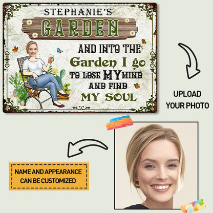 Custom Photo And Into The Garden I Go Gardening Girl - Personalized Custom Classic Garden Metal Signs
