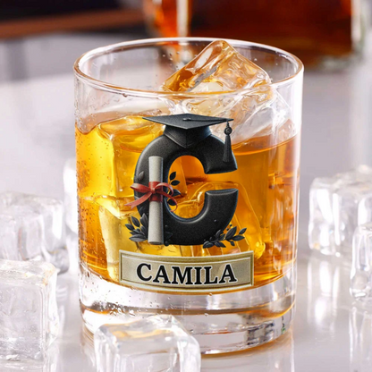 Personalized Graduation Cap Initial Whiskey Glass - Gift For Graduates & Whiskey Lovers