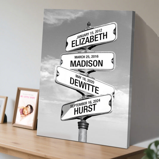 Personalized Family Street Sign Canvas Wall Art - Custom Names & Dates