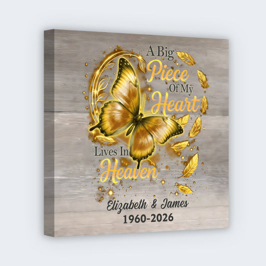 A Big Piece Of My Heart Lives In Heaven - Personalized Butterfly Memorial Square Canvas