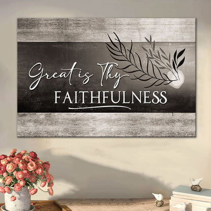 Faith-filled Christian wall art canvas featuring Great Is Thy Faithfulness in a classic Grey color.