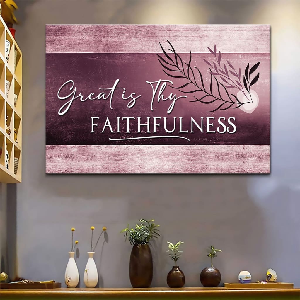 Christian wall decor with Great Is Thy Faithfulness, Purple canvas print, a meaningful faith-based design.