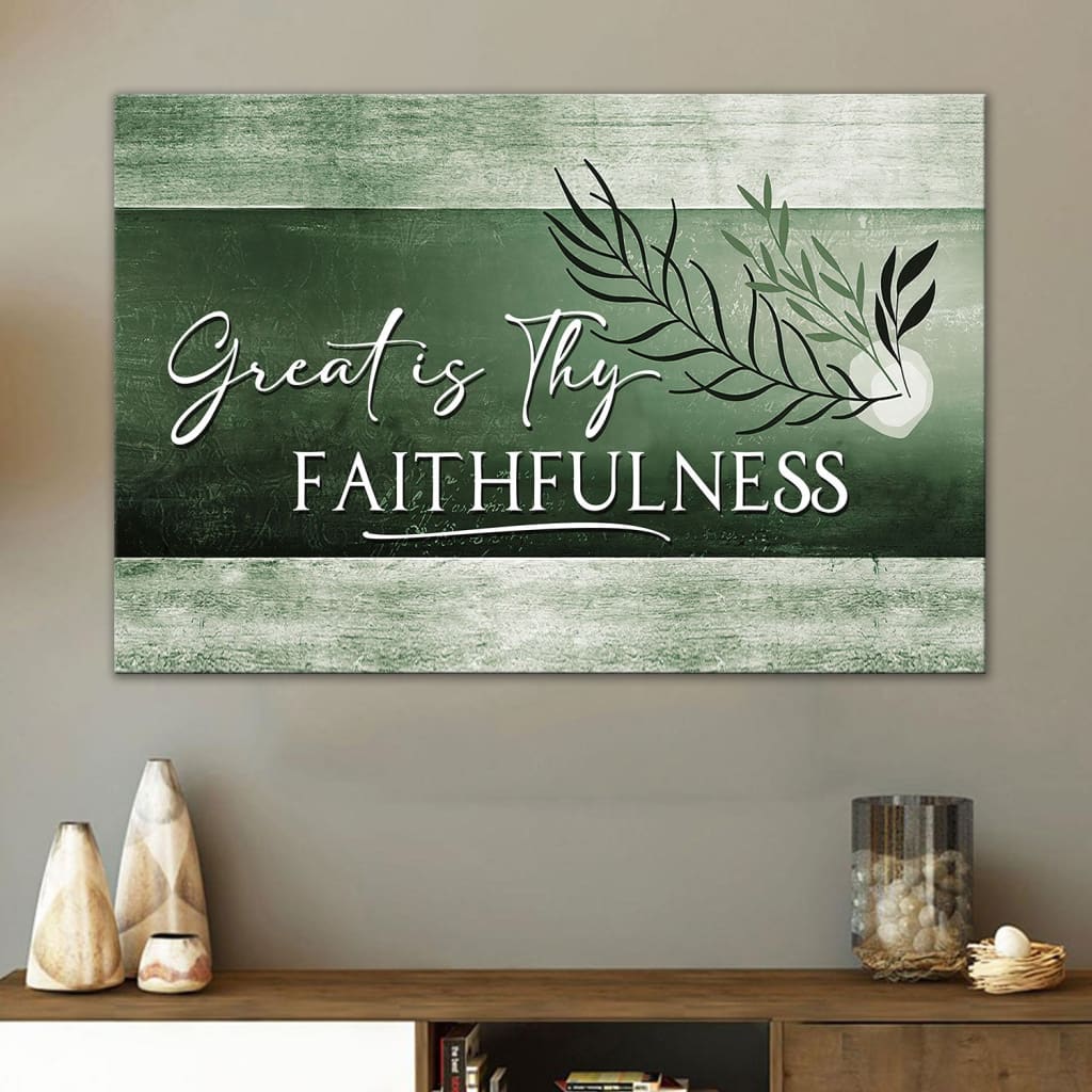 Great Is Thy Faithfulness wall art in Teal tones, inspiring Christian canvas for home or office.