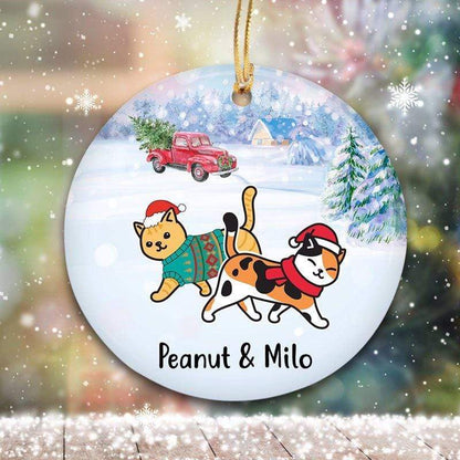 Christmas Walking Cat Red Truck in Snow Personalized Circle Ceramic Ornament