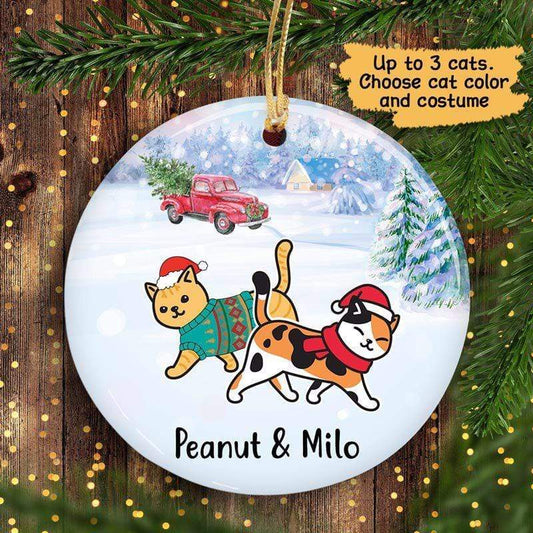 Christmas Walking Cat Red Truck in Snow Personalized Circle Ceramic Ornament