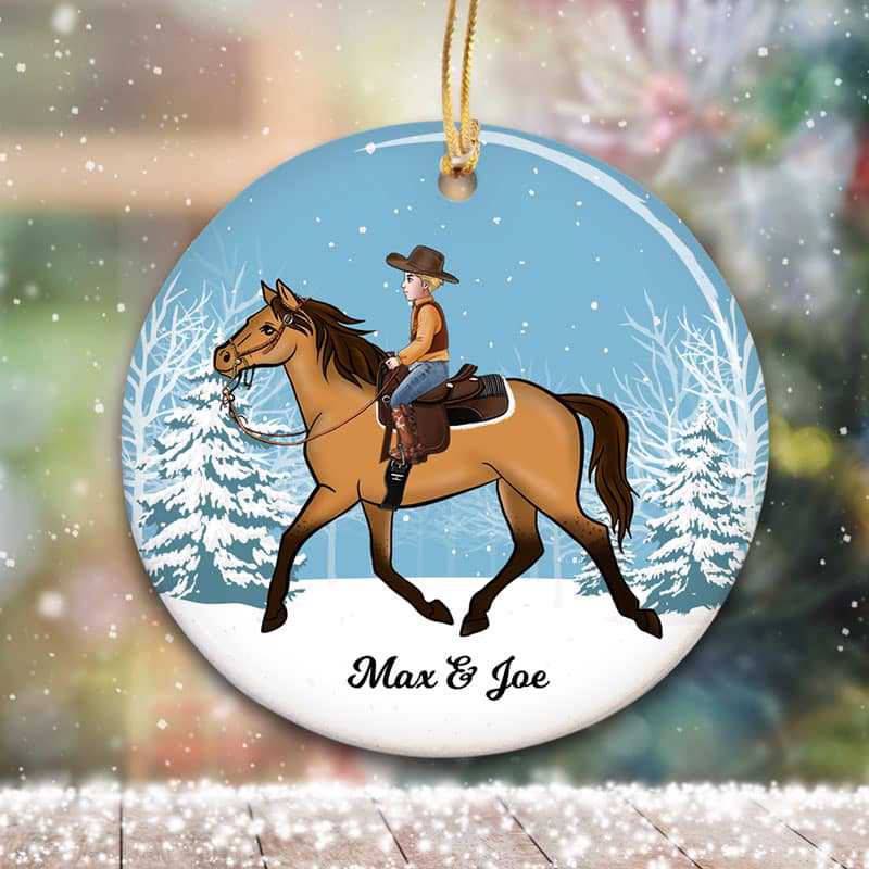 Little Boy Riding Horse Personalized Circle Ceramic Ornament