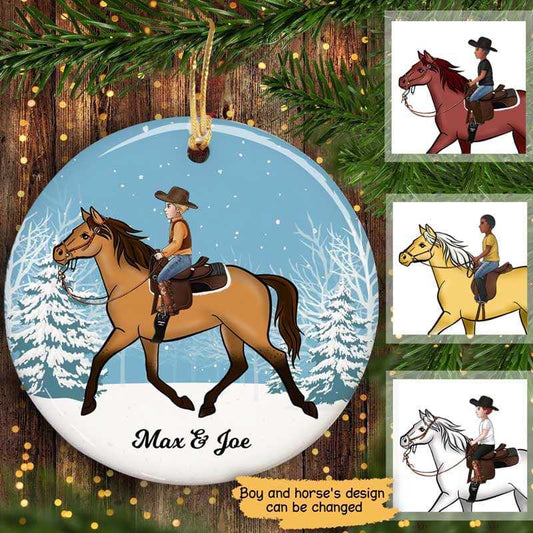 Little Boy Riding Horse Personalized Circle Ceramic Ornament