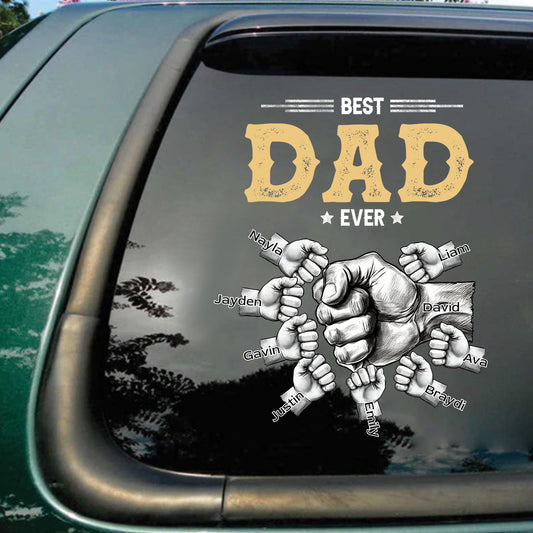 Personalized family fist bump car decal with custom names on a vehicle window