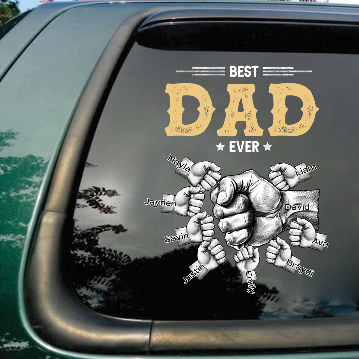 Personalized family fist bump car decal with custom names on a vehicle window