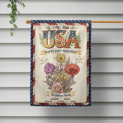 America 250th Birthday - Personalized Birth Flowers Garden Flag